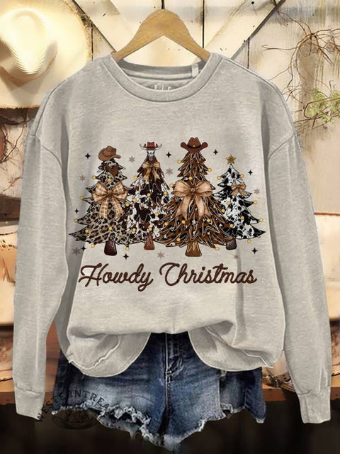 Western Christmas Tree Print Casual Cotton Sweatshirt
