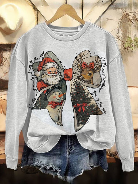 Christmas Coquette Bow Print Casual Cotton Sweatshirt