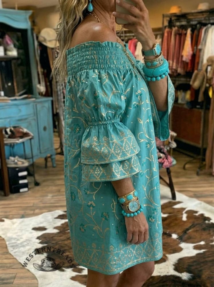 Women's Vintage Art Print Casual Off-shoulder Puff Sleeve Ruffle Dress