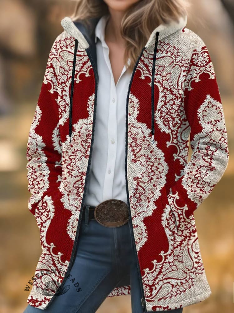 Vintage Print Unisex Plush Thick Long-sleeved Cardigan Coat