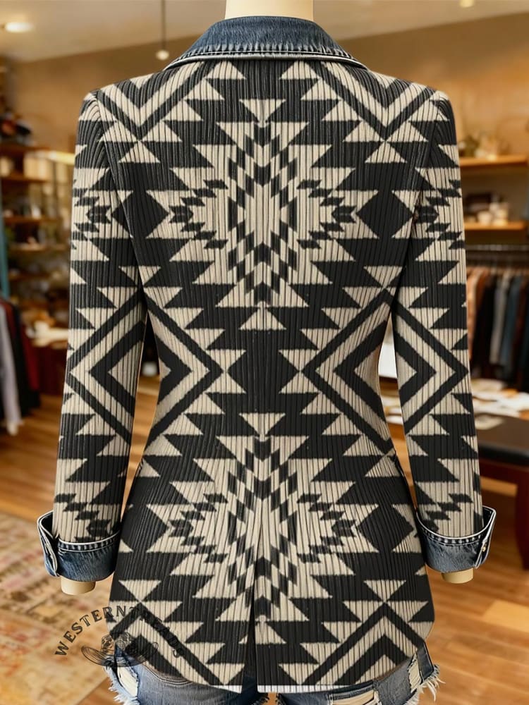 Aztec Print Patchwork Denim Coat