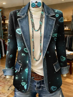 Heart Art Print Patchwork Denim Sweater Cardigan Coat