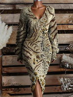 Vintage Print Casual V-Neck Long Sleeve Knit Dress