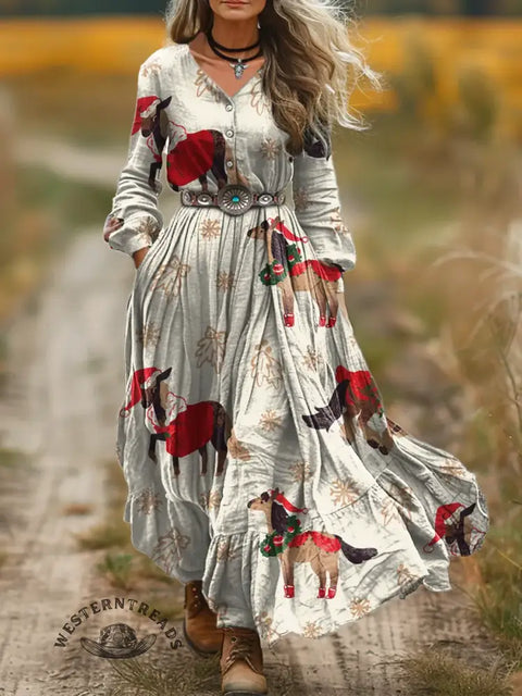 Women's Christmas Print V-Neck Button Pocket Cotton Dress