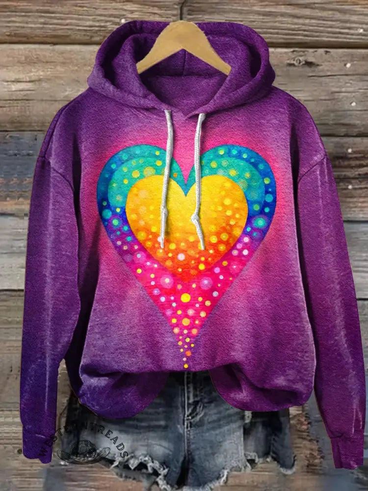 Vintage Heart Art Print Casual Cotton Hooded Sweatshirt