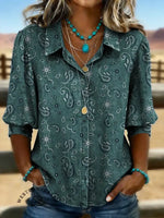 Women's Retro Floral Casual Puff Sleeve Denim Shirt