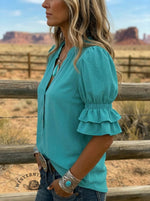 Women's Solid V-neck Puff Sleeve Ruffle Shirt