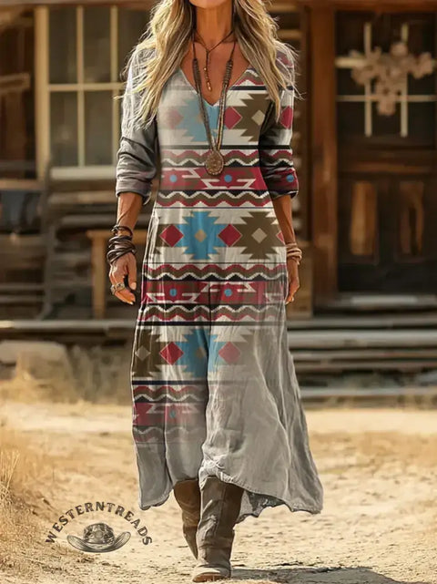 Women's Aztec Print Casual V-Neck Dress