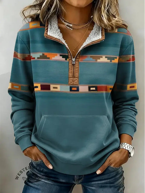 Retro Art Pattern Casual Half-Zip Cotton Sweatshirt