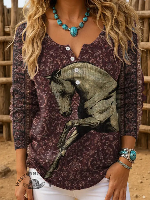 Retro Flower And Horse Print Buttoned Cardigan Sweater