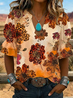 Women's Retro Leopard Floral Art Puff Sleeve Casual Shirt