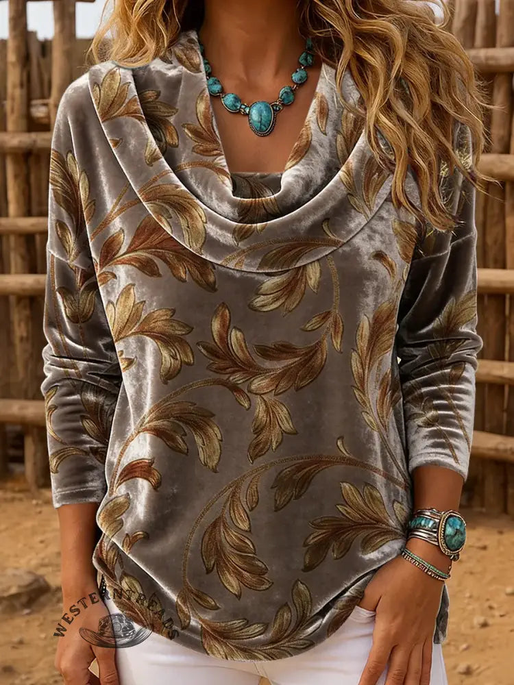 Women's Vintage Printed Casual Velvet Top