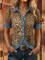 Vintage Leopard Print Denim Patchwork Casual Shirt