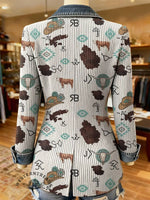 West Print Patchwork Denim Sweater