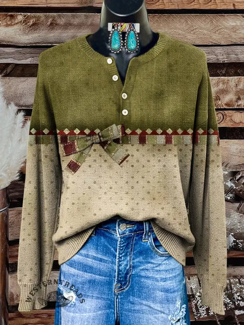 Retro Bow Texture Art Print Buttoned Cardigan Sweater