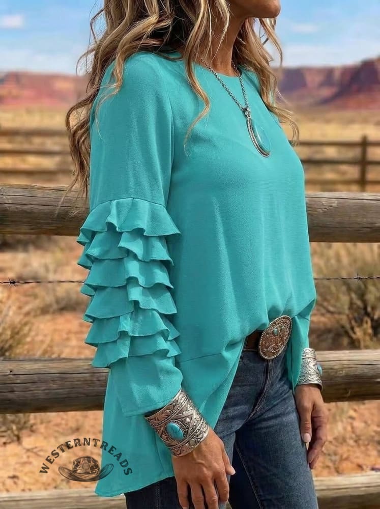 Women's Casual Solid Color Crewneck Ruffle Layered Long Sleeve Blouse Top