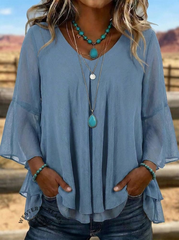 Boho Layered Chiffon Blouse • Bell Sleeve V-neck Top