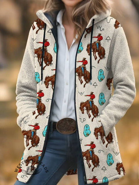 Classic West Print Unisex Plush Thick Long-sleeved Cardigan Coat