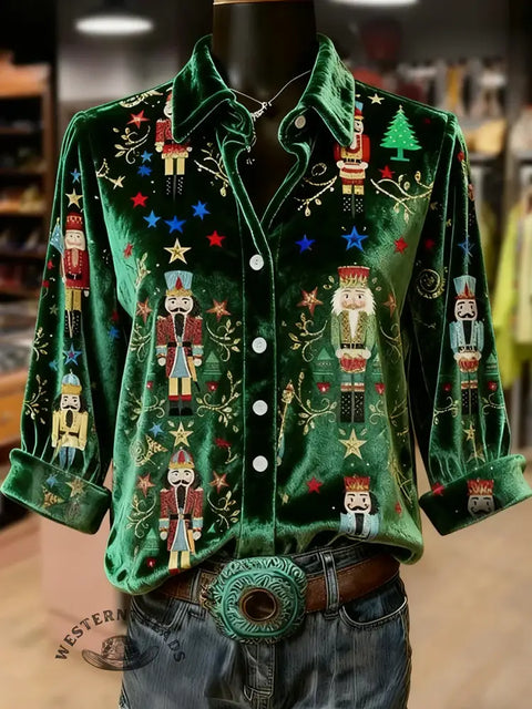 Retro Ethnic Christmas Print Collared Velvet Top