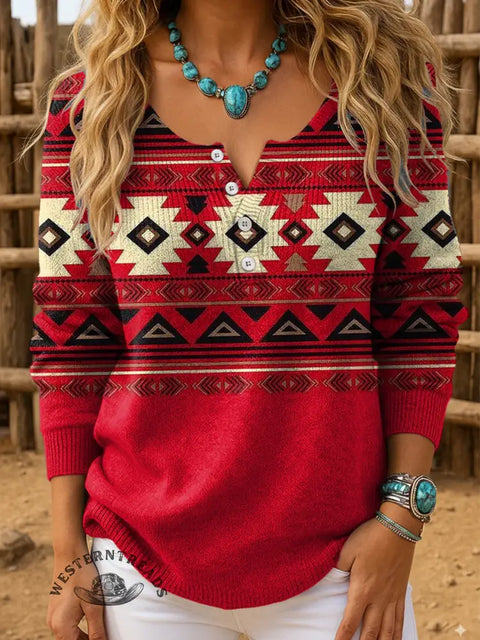 Retro Aztec Print Buttoned Cardigan Sweater