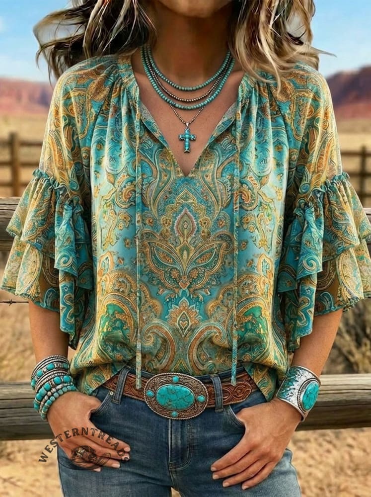 Vintage Paisley Art Print Casual Lace Up Ruffle Shirt