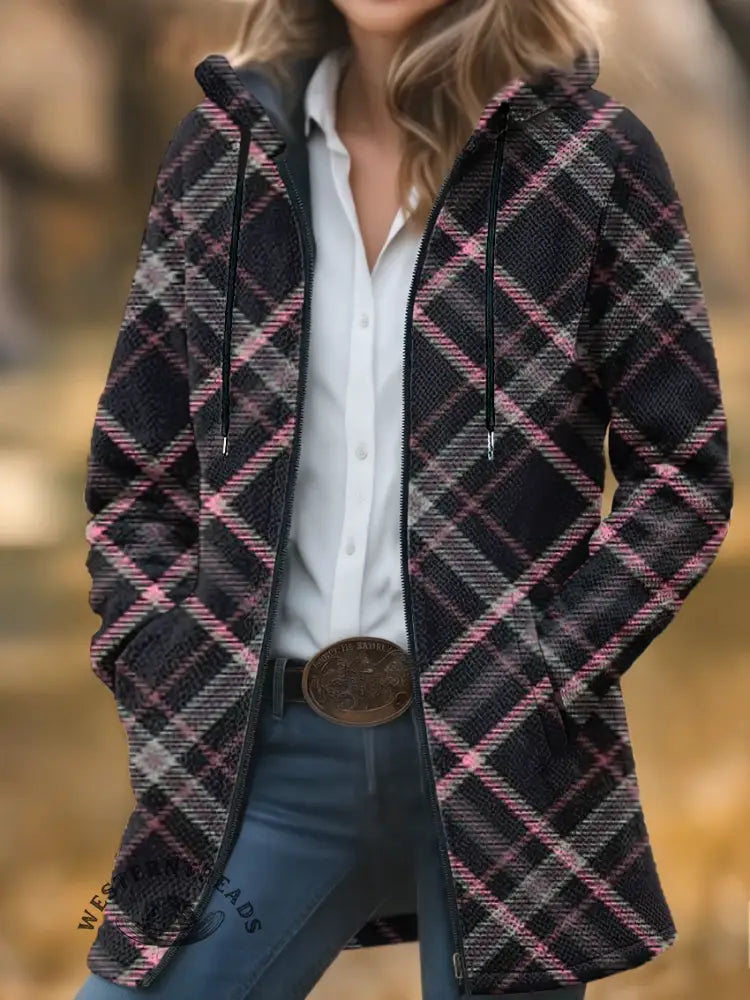 Plaid Print Unisex Plush Thick Long-sleeved Sweater Cardigan Coat