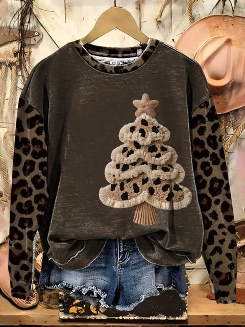 Retro Christmas Tree Art Casual Cotton Sweatshirt