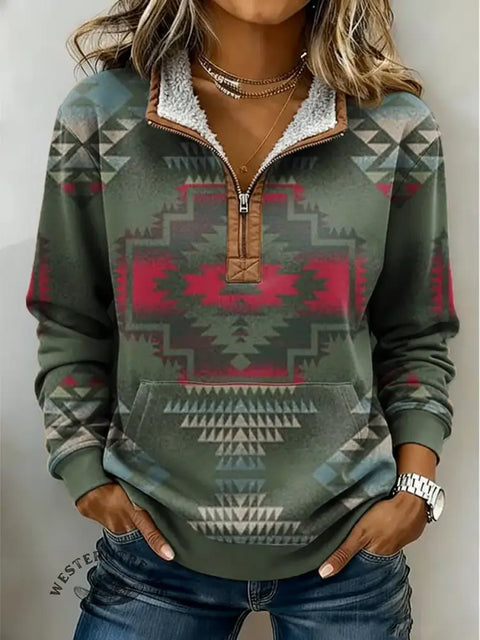 Aztec Print Casual Half-zip Cotton Sweatshirt