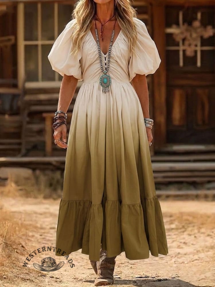 V-neck Vintage Style Loose Fit Western Dress