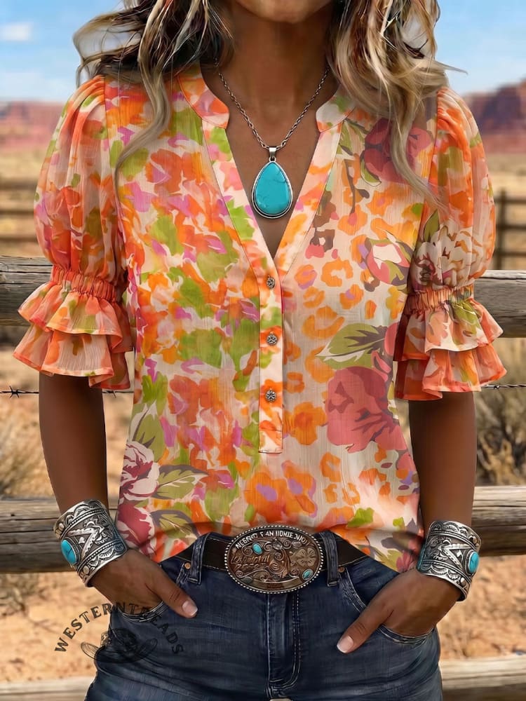 Vintage Art Print Comfortable Summer Fabrics Puff Sleeve Casual Shirt