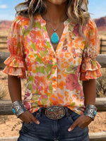 Vintage Art Print Comfortable Summer Fabrics Puff Sleeve Casual Shirt