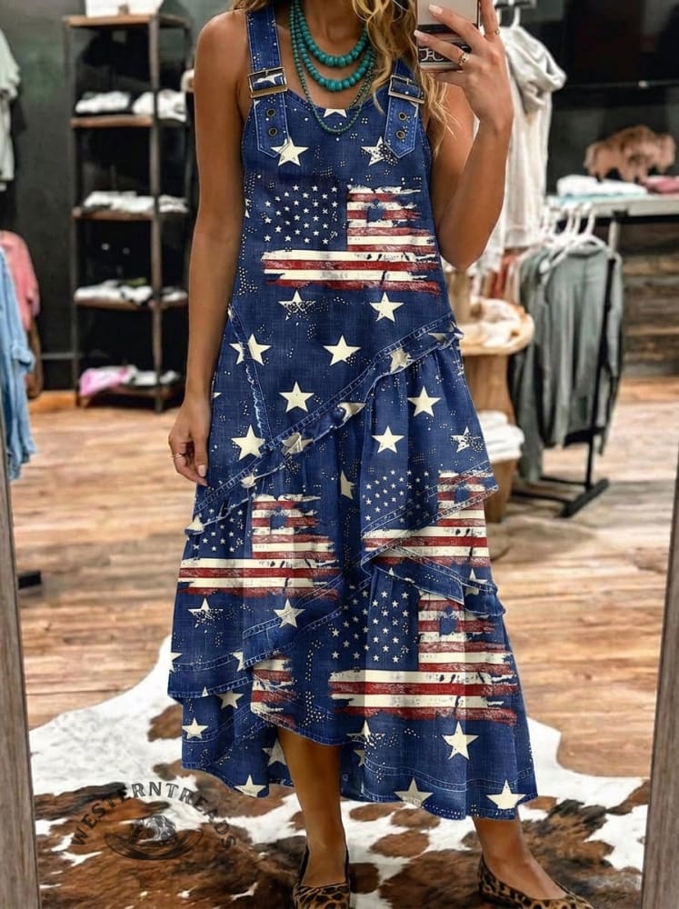 Star Strip Art Print Sleeveless Multi-layered Ruffled Strap Dress
