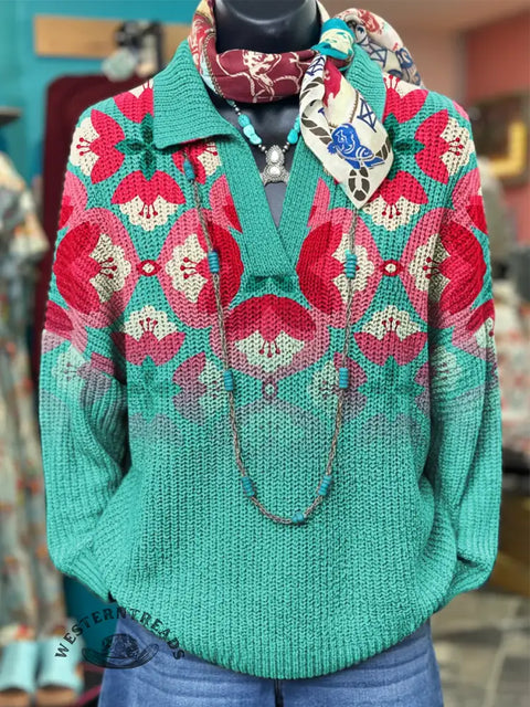 Women's Art Print Casual Lapel Knitted Sweater