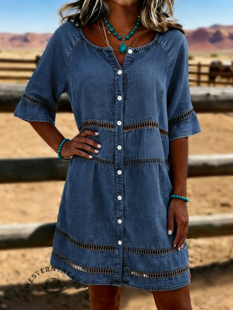 Women's Retro Print Casual Hollow Denim Dress
