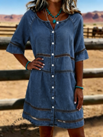Women's Retro Print Casual Hollow Denim Dress