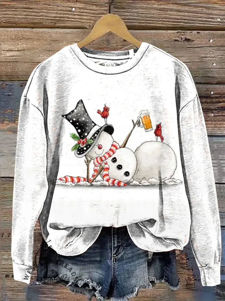Retro Christmas Snowman Claus Casual Cotton Sweatshirt