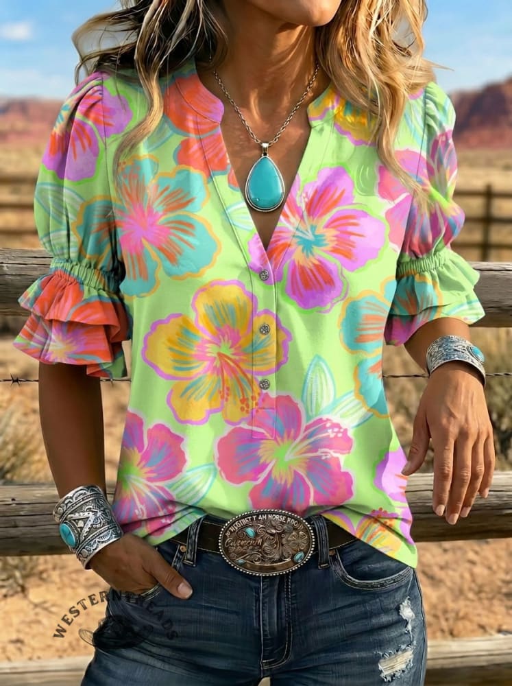 Women's Retro Floral Art Puff Sleeve Casual Shirt