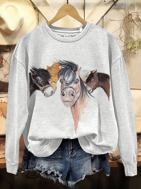 Horse Art Print Casual Cotton Sweatshirt