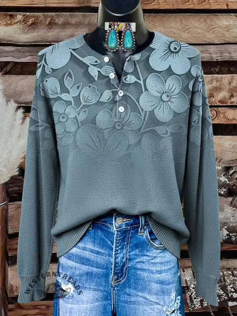 Simple Floral Art Print Buttoned Cardigan Sweater