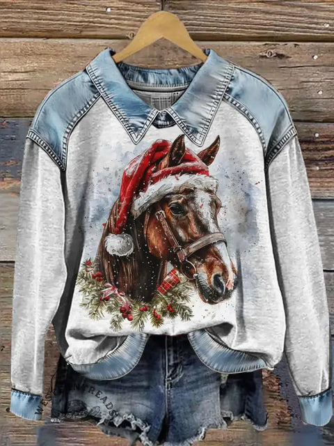 Christmas Horse Art Print Casual Denim Patchwork Sweatshirt