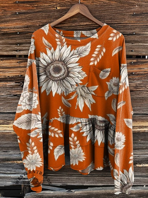 Women's Retro Floral Print Loose Casual Cotton Sweatshirt