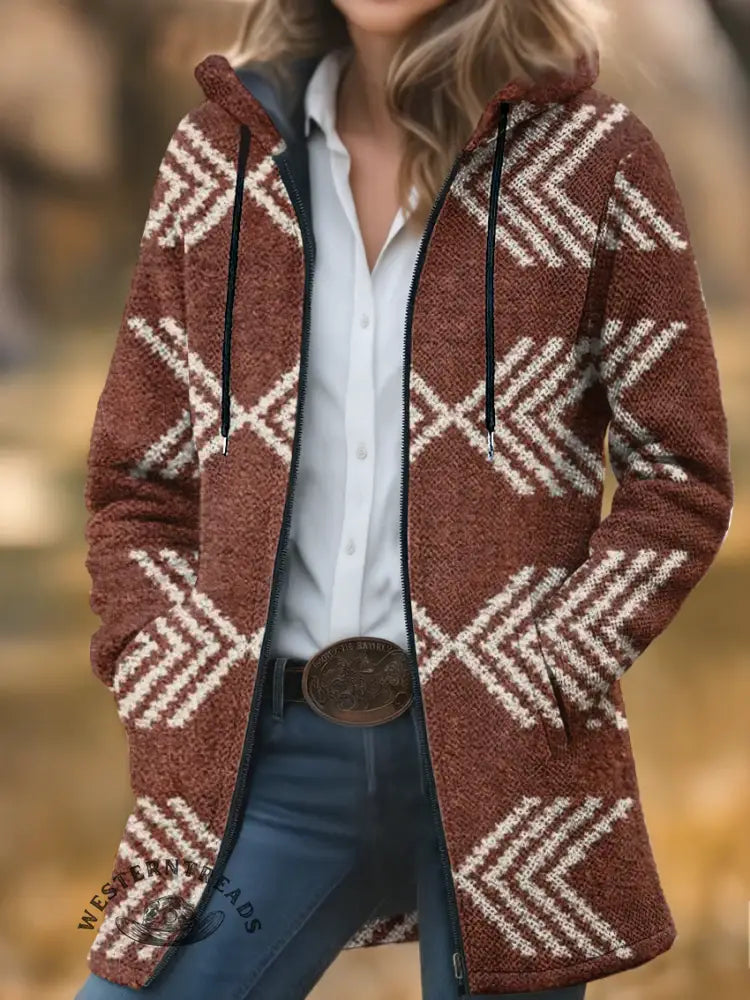 Aztec Print Unisex Plush Thick Long-Sleeved Cardigan Coat