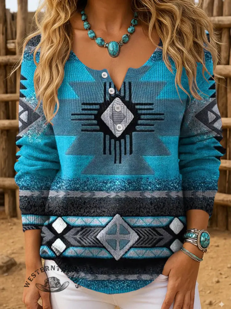 Aztec Art Print Buttoned Cardigan Sweater