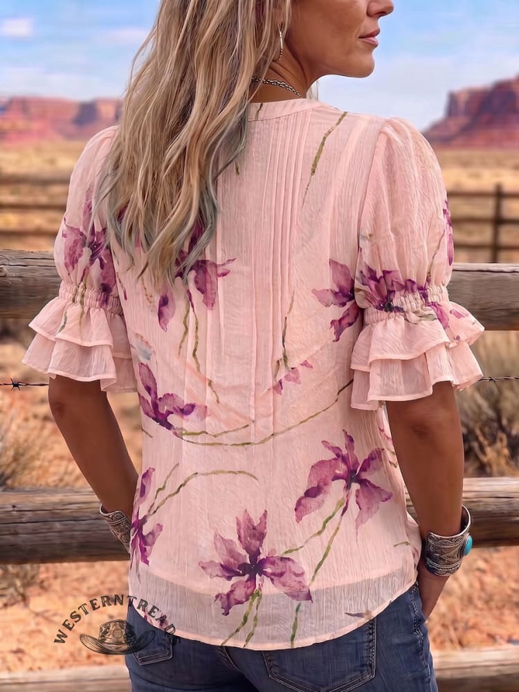 Vintage Art Print Comfortable Summer Fabrics Puff Sleeve Casual Shirt