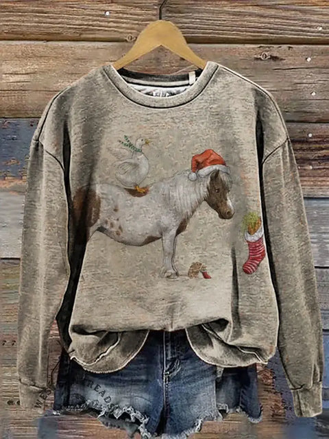 Retro Horse Art Print Casual Cotton Christmas Sweatshirt