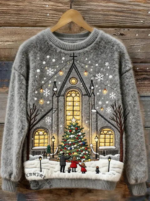 Women's Christmas Church Embroidery Art Print Cozy Plush Sweater