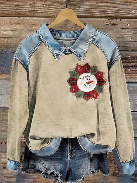 Women's Retro Embroidery Appliqué Visual Snowman Print Casual Denim Patchwork Sweatshirt