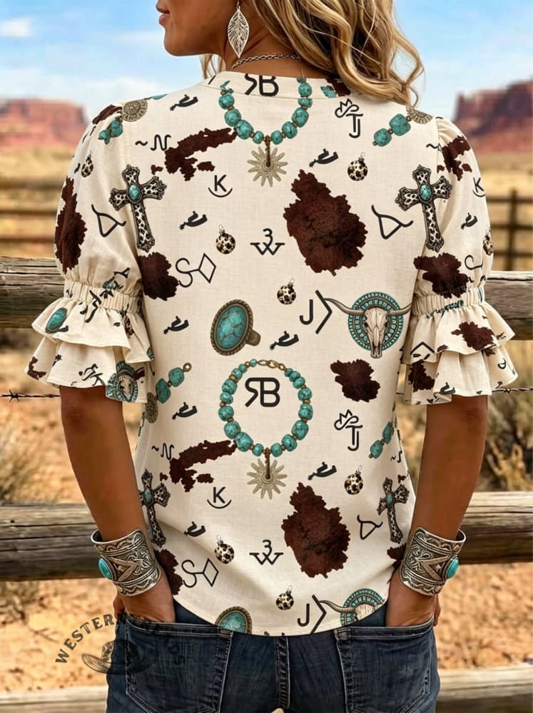 Women's Cow Brand West Art Print Puff Sleeve Casual Shirt