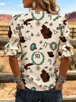 Women's Cow Brand West Art Print Puff Sleeve Casual Shirt