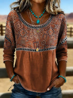 Women's Paisley Print Casual Hollow Denim Shirt